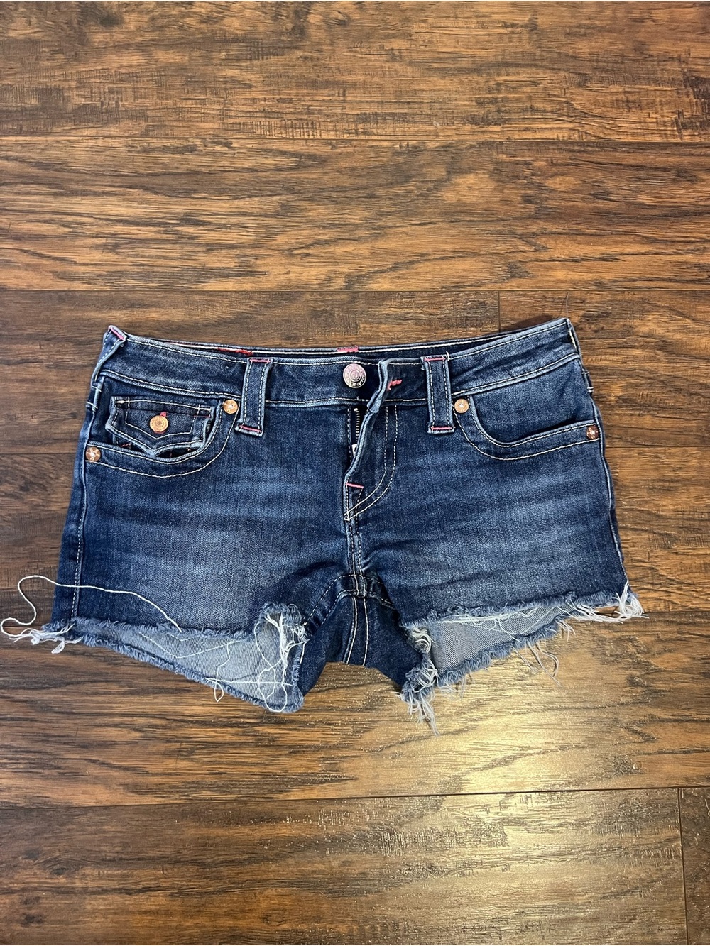 True Religion Dark Blue Distressed Denim Cutoff Shorts